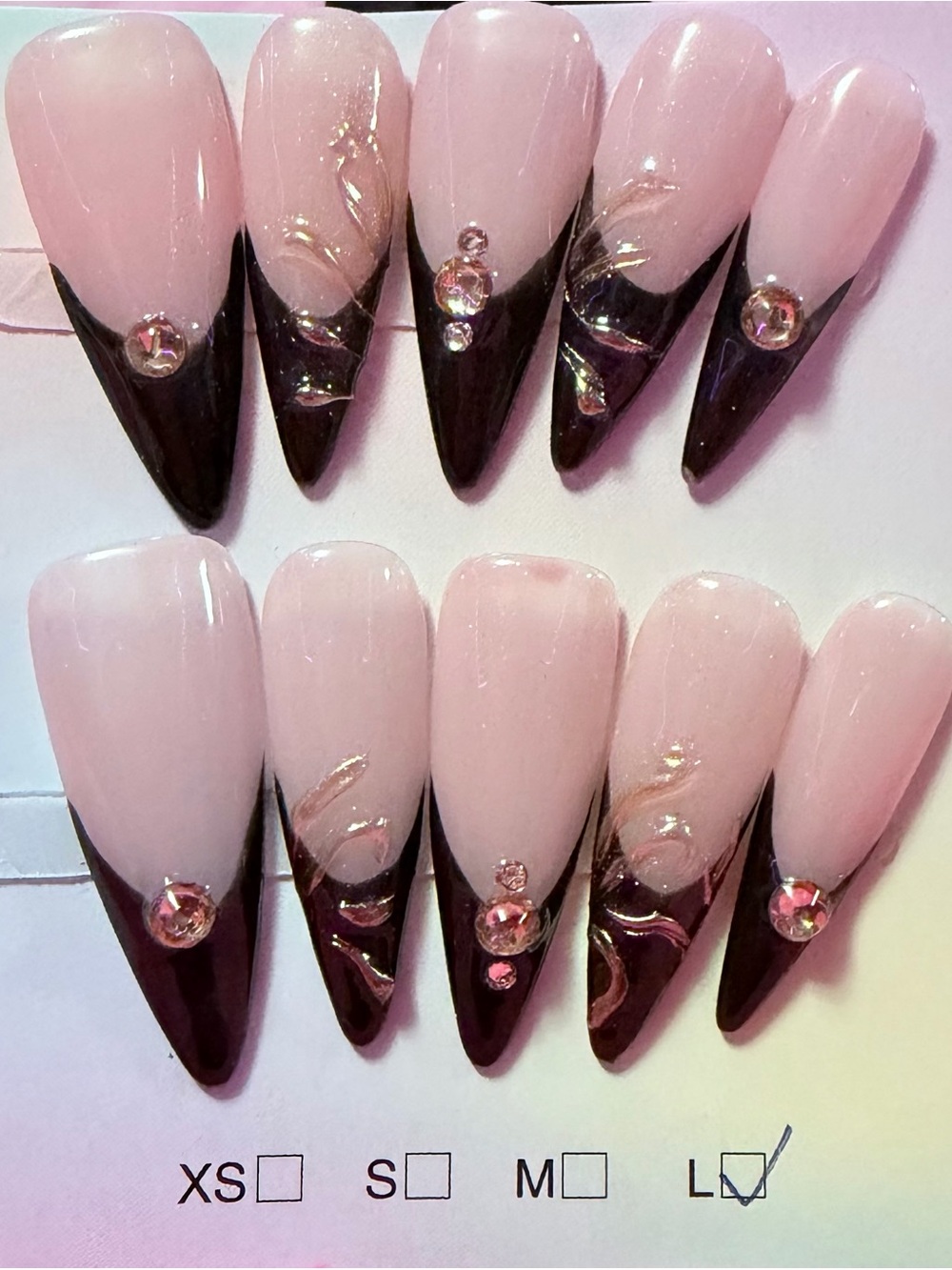Long Stiletto Pink and Deep Purple Nail Set with Rhinestones